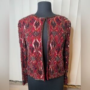 Stenay Vintage 100% Silk Merlot Beaded Sequined Evening Jacket Cardigan SZ Small